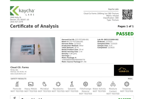 Certificate of Analysis for 1000mg Full Spectrum CBD Tincture